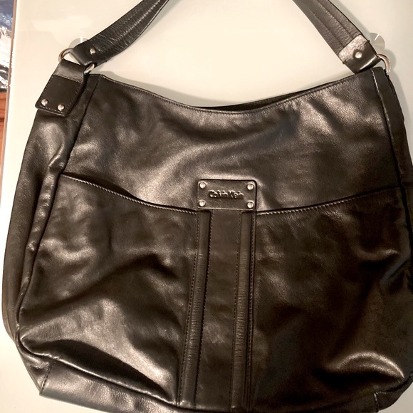 Calvin Klein Smooth Black Napa Leather Shoulder Purse with Silver Satin Lining. - Picture 1 of 10